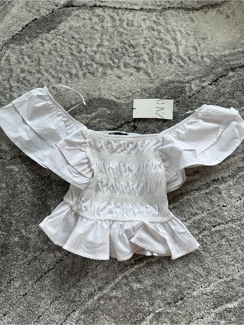 Zara White Smocked Off-Shoulder Peplum Crop Top